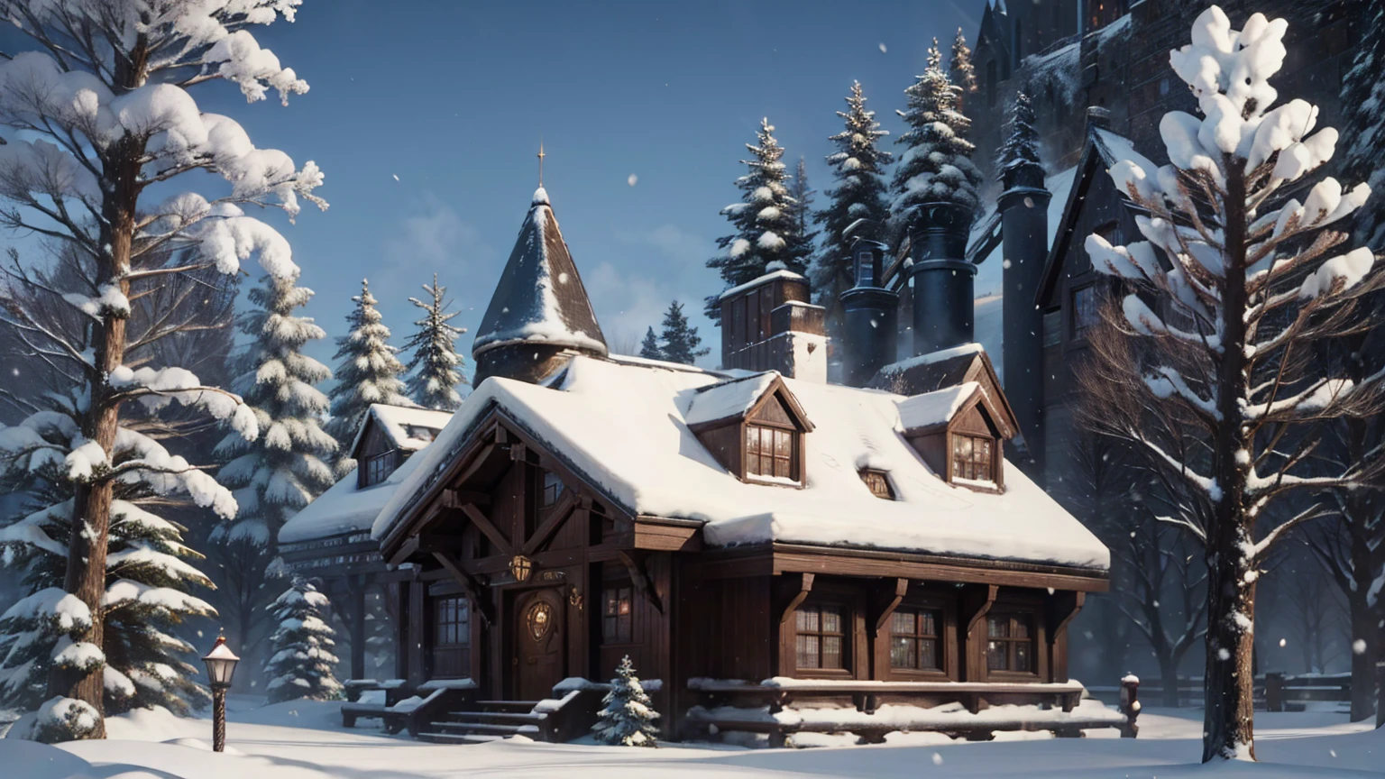 snow weather view of harry potter school, harry potter school