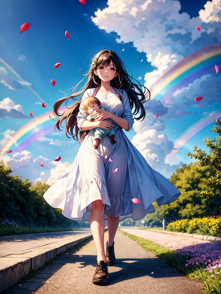 Highest quality,Highest Resolution,A woman walking down a sidewalk with falling flower petals, holding a baby,Rainbow in the background sky,