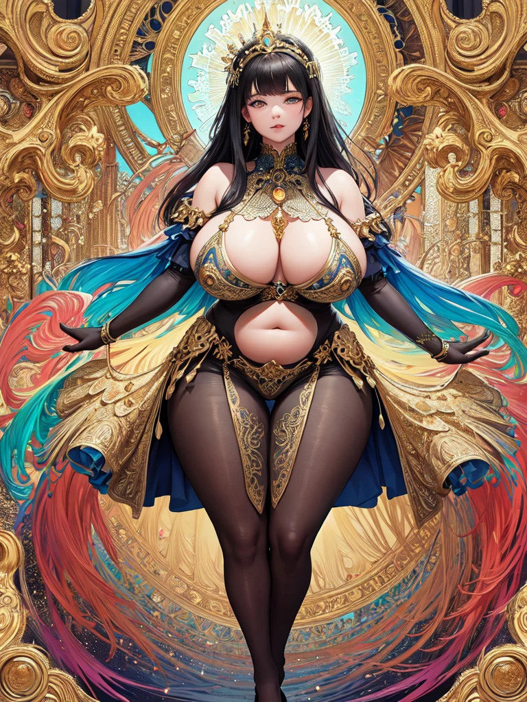 (masterpiece, top quality, best quality, official art, beautiful and aesthetic:1.2), (1girl), voluptuous, chubby, beautiful shoulders, beautiful big breast, beautiful belly, beautiful big hips, beautiful thick thighs, beautiful legs, diamonds, gold, silver, paladium, titanium, mithril, extremely detailed anatomy, extremely detailed everything, ornament, sci-fi, (fractal art:1.3), 7 of colors, colorful, HD image, wide angle, top to toe, full body, highest detailed.