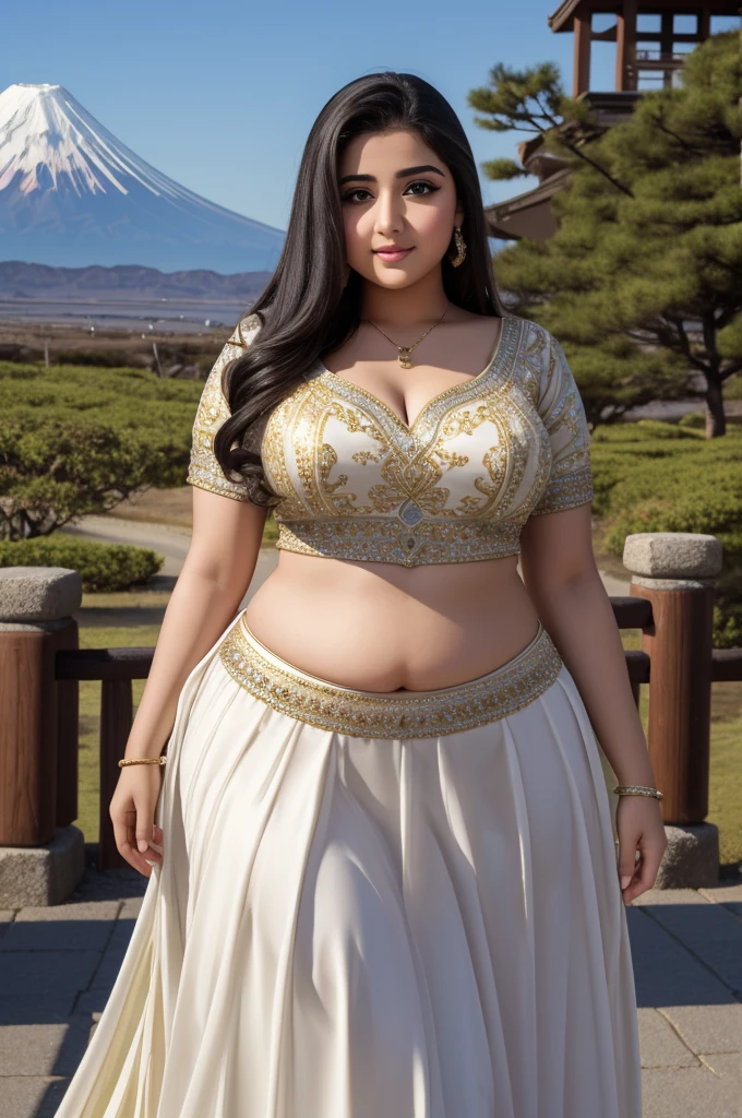 1 Heavenly beautiful and goddess beauty cute and sweet looking face Arabian woman in front of Mount Fuji, Heavenly beautiful Overweight, Heavenly beautiful Extremely fat, Heavenly beautiful and attractive Chubby figure , Heavenly beautiful looking and eye catching luxury style tight fitting Modern Lehenga, reaching out, Heavenly beautiful Arabian woman, 16k, High resolution, masterpiece, highest quality, fine skin, close up figure view, Realistic Photograph