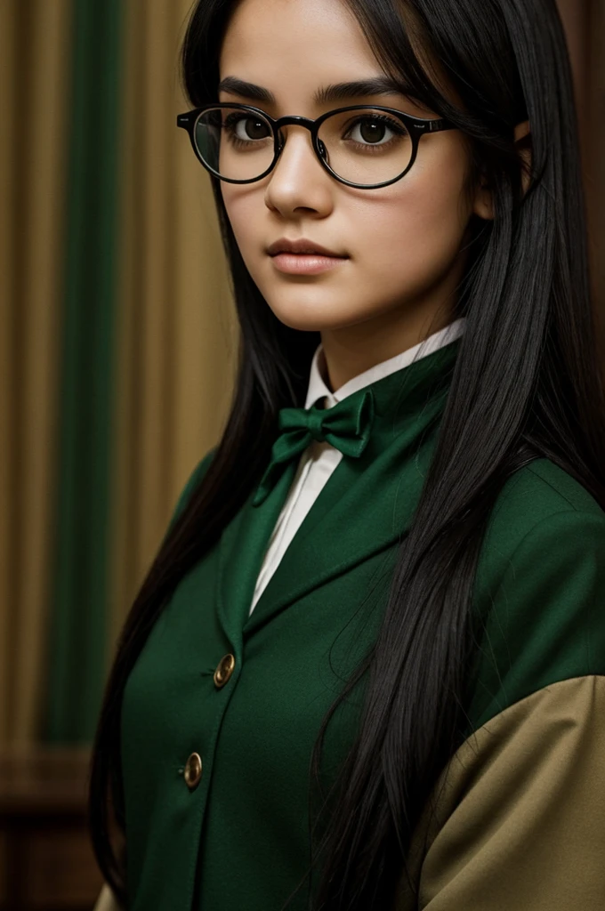 A black-haired girl with brown eyes ,with round glasses wearing Slytherin uniform