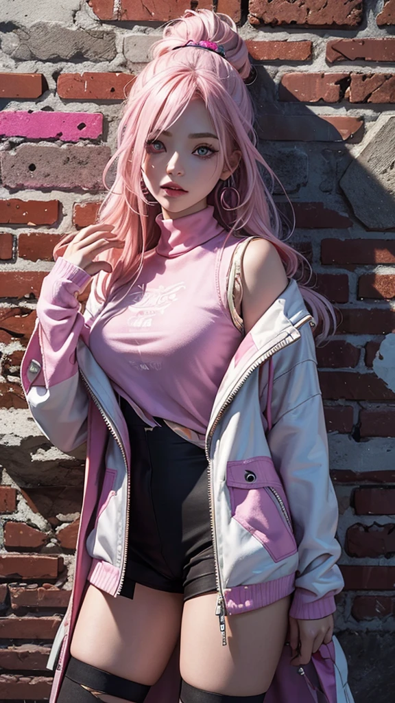 score_9,score_8_up,score_7_up,detailed,1girl,solo,intricate details,chromatic aberration,realistic,long hair,pink hair,red head ornament,pink highlights,hair over one eye,purple eyes,earrings,sharp eyes,choker,neon shirt,torn legwear,open jacket,turtleneck sweater,night,against wall,brick wall,graffiti,dim lighting,alley,looking at viewer,