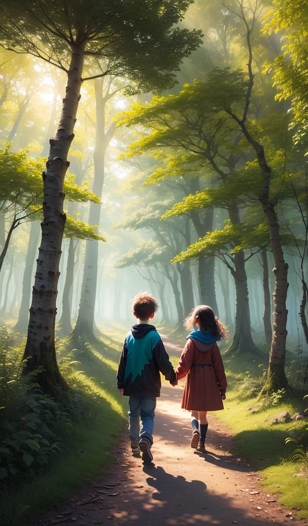 (anime, digital paint, enchanted forest background, vibrant colors, sunlight filtering through trees, happy children walking hand in hand, a young boy and girl exploring the forest)