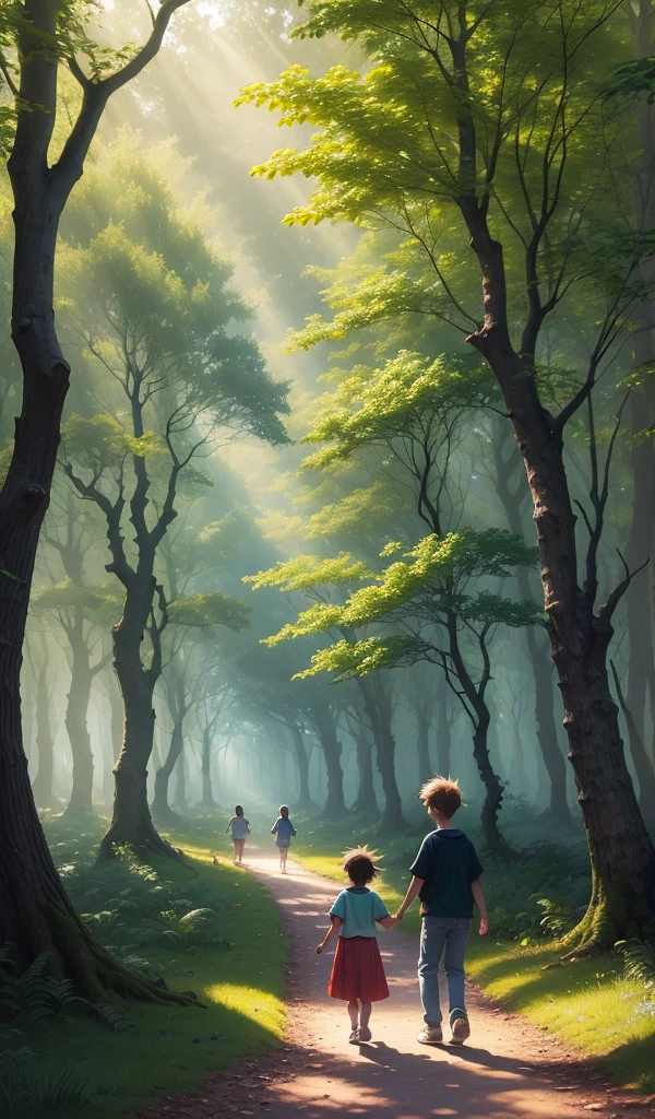(anime, digital paint, enchanted forest background, vibrant colors, sunlight filtering through trees, happy children walking hand in hand, a young boy and girl exploring the forest)