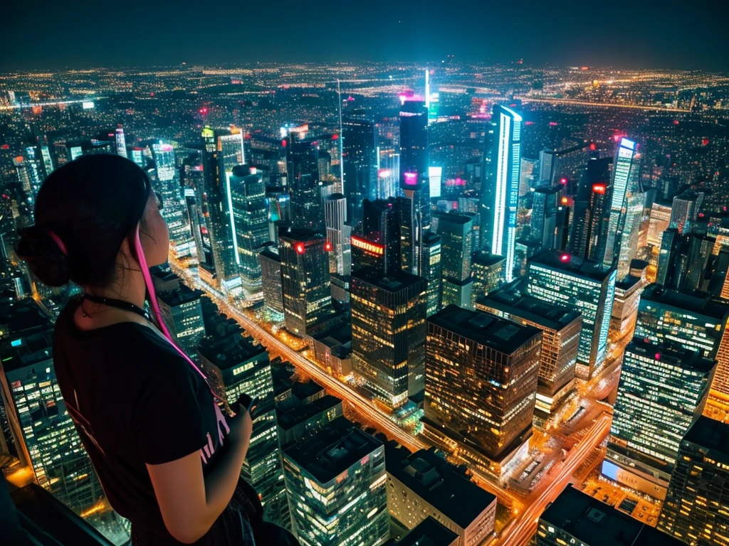 highest quality、Neon future city、Watching from high above、Night view