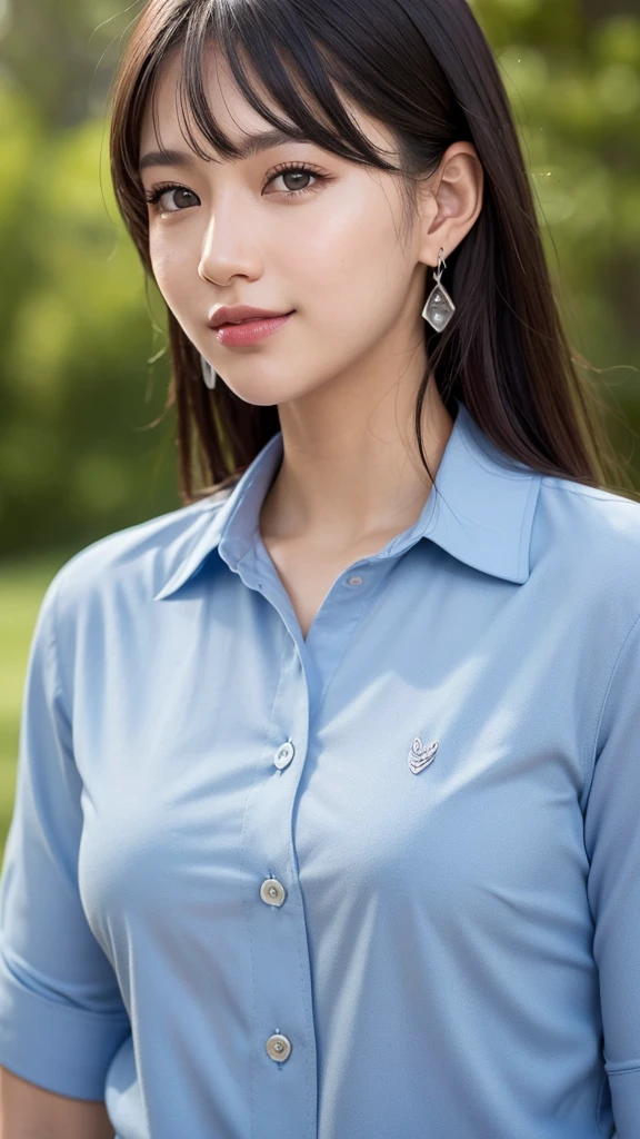 (RAW Photo: 1.2), (Photorealistic: 1.4), (Best Quality: 1.4), Ultra High Resolution, HDR, 8K Resolution, Dreamy, Commentary, Landscape, (No Text), Solo Focus, (Detailed Eyes), (Detailed Face), (Detailed Clothing Features), Skin Tight, (Shiny Skin), (SLF) Mender), (Slim), (Beauty Face), 1 Boy, Virtual Girl Ren Young, bangs, black hair, blue eyes, earrings, loose shirt, smile, embarrassed, cute, look straight at the camera,