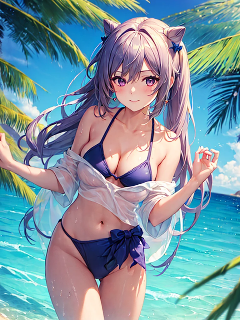 (masterpiece:1.5),(Beat quality),(high res),1girl solo,beautiful face,smile(shining eyes),upper body,light effects,Swimsuit Keqing,Ocean