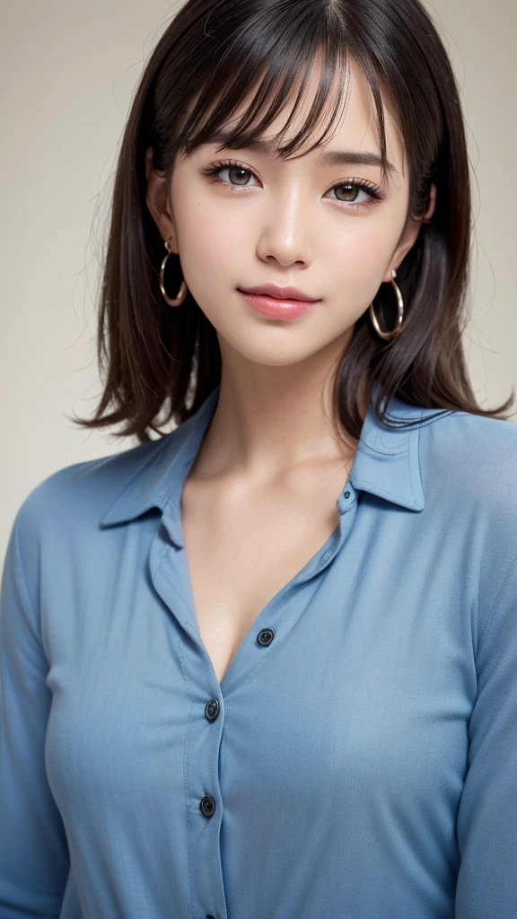 (RAW Photo: 1.2), (Photorealistic: 1.4), (Best Quality: 1.4), Ultra High Resolution, HDR, 8K Resolution, Dreamy, Commentary, Landscape, (No Text), Solo Focus, (Detailed Eyes), (Detailed Face), (Detailed Clothing Features), Skin Tight, (Shiny Skin), (SLF) Mender), (Slim), (Beauty Face), 1 Boy, Virtual Girl Ren Young, bangs, black hair, blue eyes, earrings, loose shirt, smile, embarrassed, cute, look straight at the camera,