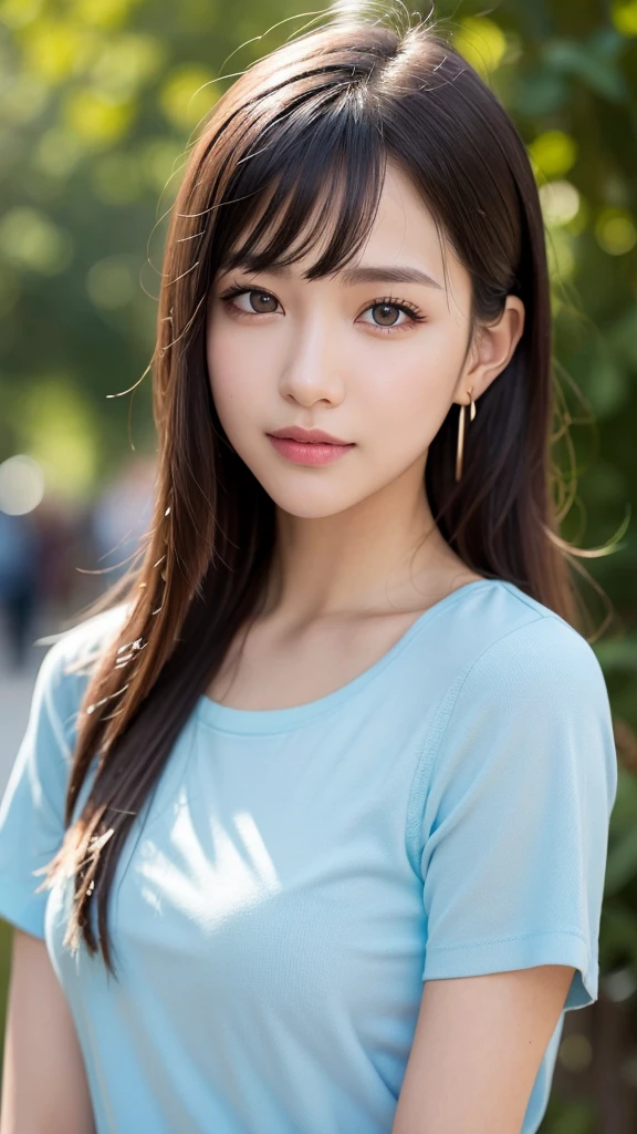 (RAW Photo: 1.2), (Photorealistic: 1.4), (Best Quality: 1.4), Ultra High Resolution, HDR, 8K Resolution, Dreamy, Commentary, Landscape, (No Text), Solo Focus, (Detailed Eyes), (Detailed Face), (Detailed Clothing Features), Skin Tight, (Shiny Skin), (SLF) Mender), (Slim), (Beauty Face), 1 Boy, Virtual Girl Ren Young, bangs, black hair, blue eyes, earrings, loose shirt, smile, embarrassed, cute, look straight at the camera,