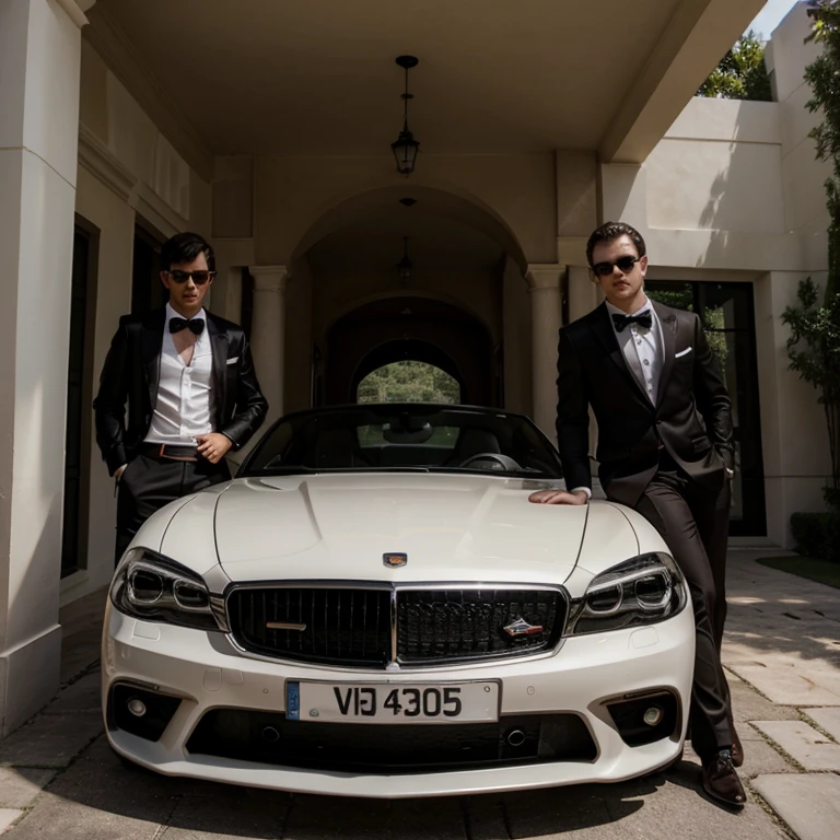 two white boys with black and brown hair wearing dark glasses in a super car mansion