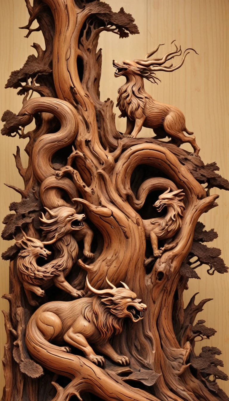 Dead wood carving design style,Four divine beasts, Qi Baishi and Chen Longque、Chen Dingbo's dynamic illustration pumpkin carving, Octane Rendering,(best quality, masterpiece, representative work, Official Art, professional, 8K:1.3)