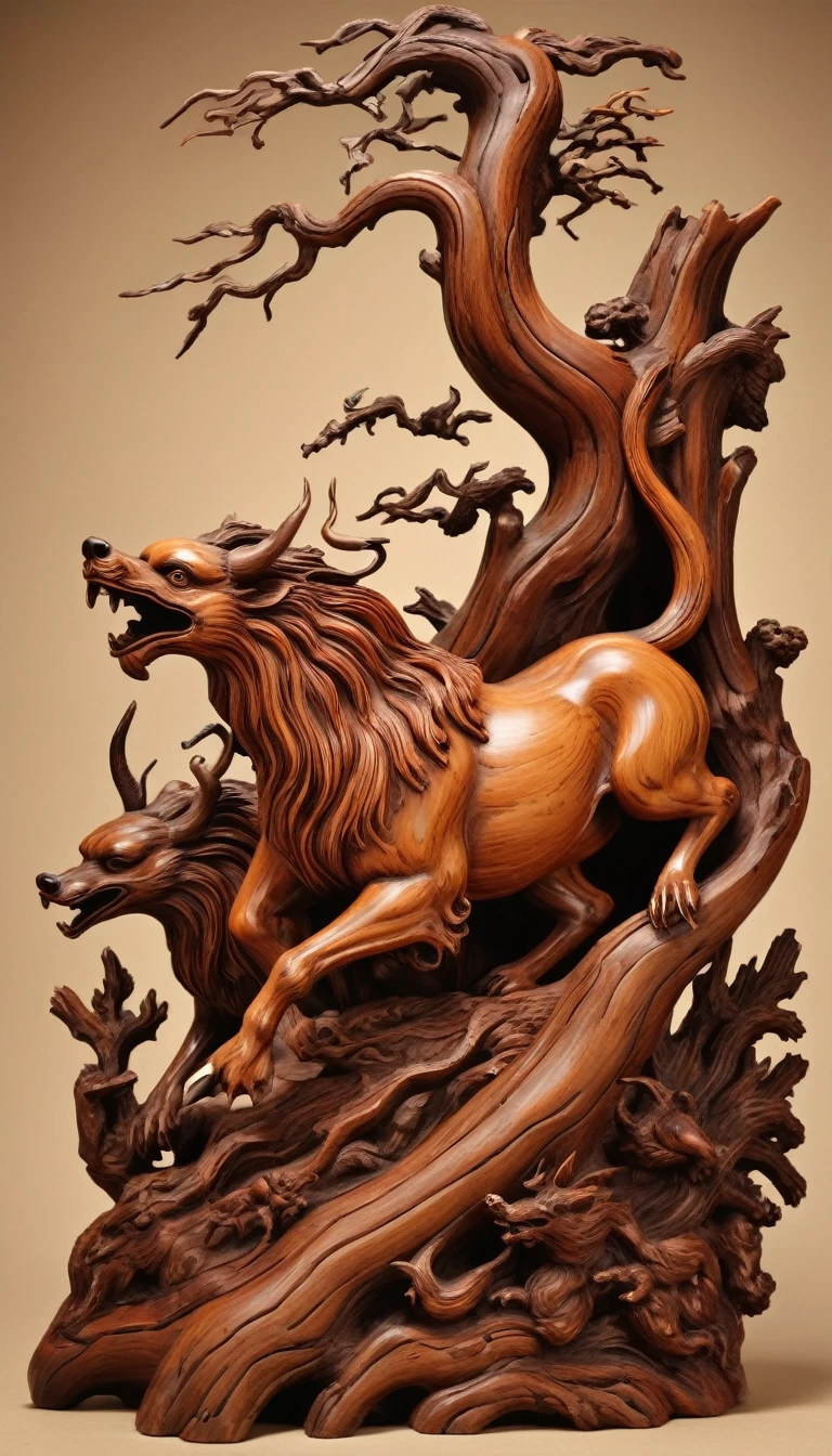 Dead wood carving design style，Four divine beasts, Qi Baishi and Chen Longque、Chen Dingbo&#39;s dynamic illustration pumpkin carving, Octane Rendering,(best quality, masterpiece, representative work, Official Art, professional, 8K:1.3)