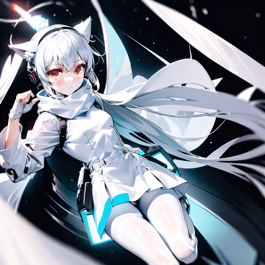 masterpiece, highest quality, highest resolution, clear_image, detailed details, White hair, long hair, cat ears, 1 girl, red eyes, military gear (wearing military gear with a short skirt and white pantyhose), sci-fi drones (drones flying around), white scarf (white scarf covering the neck), gray futuristic halo (gray halo over the head), white futuristic wings (white futuristic wings attached to the waist of the body) ,hold a realistic rifle, cute, no water marks, space (in earth's orbit)