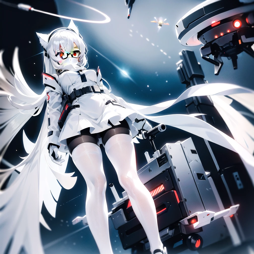 masterpiece, highest quality, highest resolution, clear_image, detailed details, White hair, long hair, cat ears, 1 girl, red eyes, military gear (wearing military gear with a short skirt and white pantyhose), sci-fi drones (drones flying around), white scarf (white scarf covering the neck), gray futuristic halo (gray halo over the head), white futuristic wings (white futuristic wings attached to the waist of the body) ,hold a realistic rifle, cute, no water marks, space (in earth's orbit)