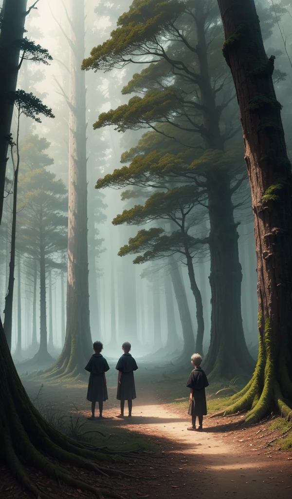 (anime, digital paint, deep forest, eerie atmosphere, the children lost, worried expressions, towering trees, dim light)
