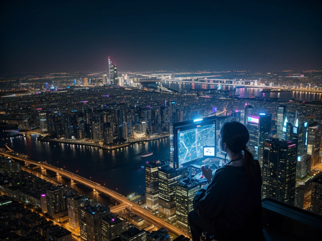 highest quality、Neon future city、Watching from high above、Night view