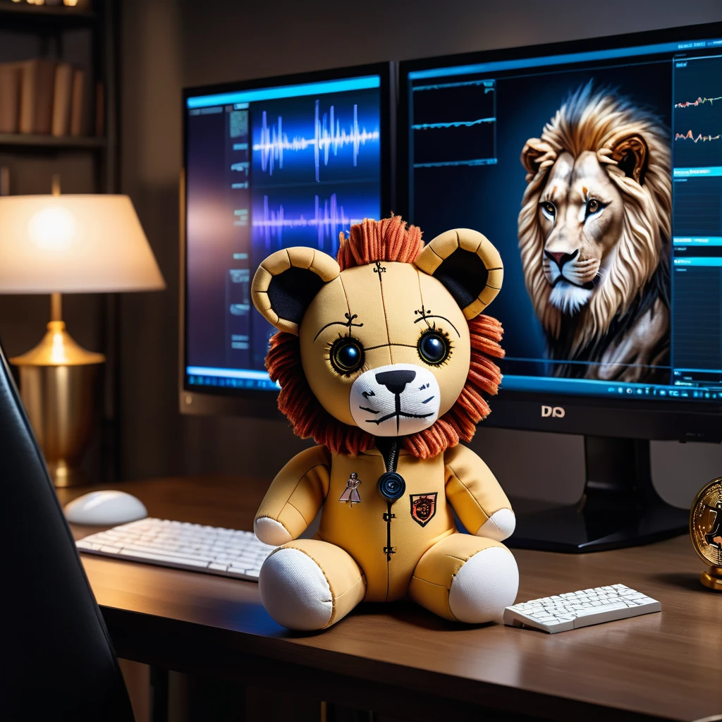 (knitted toy voodoo doll:1.9), (voodoo lion:1.8), (looking at a modern computer monitor:1.0), (vertical and horizontal monitors:1.9), (monitor screen with cryptocurrency charts:1), in clothes, white hoodie with a hood from Dior, (in the background luxurious modern renovation and expensive equipment:1.3), warm lighting, best quality, masterpiece, detailed soft oil painting, detailed background, dramatic cinematic lighting, soft edge lighting, professional, dramatic lighting, hard edge lighting, ultra quality, 4k, masterpiece, best quality, 8k, ultra high definition, high resolution, extremely detailed