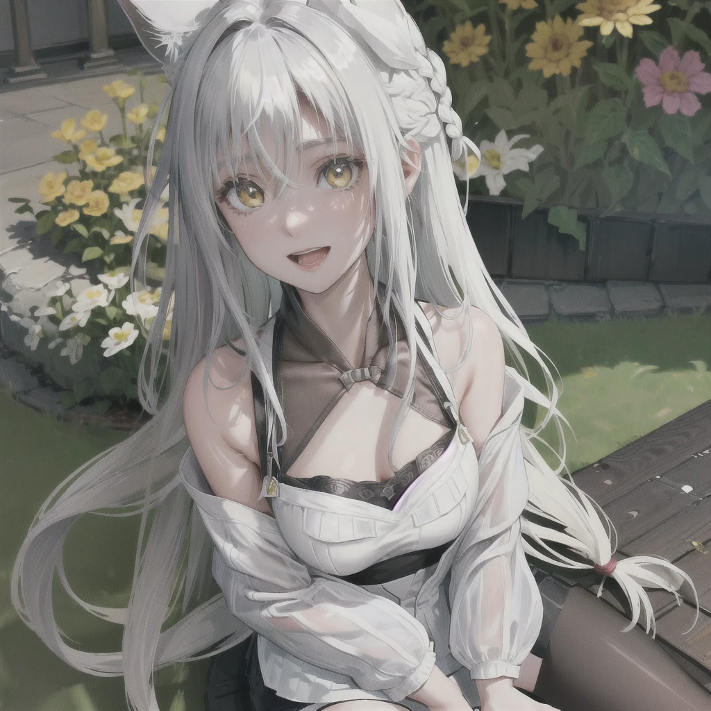 Girl with dog ears and tail, erect ears, honey yellow eyes, Highly detailed eyes, long hair and(((( White)))) with a small braid on the sides, denim shorts, translucent and low-cut blouse, whole body, looking up, open mouth smile, big chest, beautiful body, detailed face y con amplia gama de gestos, sitting on a bench around a garden with flowers of various colors, detailed background, detailed face, Play of light and shadows, cinematographic, high quality, 8k, Masterpiece,