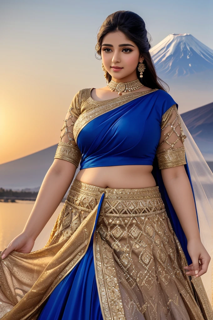 1 Heavenly beautiful and goddess beauty cute and sweet looking face Arabian woman in front of Mount Fuji, Heavenly beautiful Overweight, Heavenly beautiful Extremely fat, Heavenly beautiful and attractive Chubby figure , Heavenly beautiful looking and eye catching luxury style tight fitting Modern Lehenga, reaching out, Heavenly beautiful Arabian woman, 16k, High resolution, masterpiece, highest quality, fine skin, close up figure view, Realistic Photograph