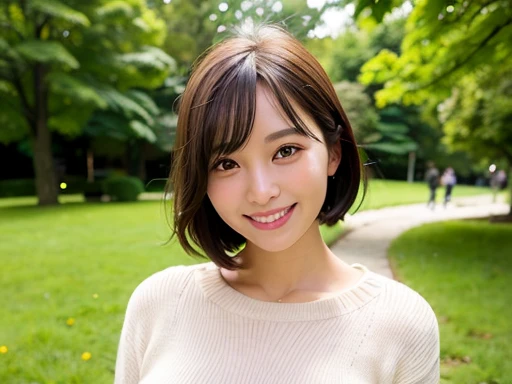 Highest quality、Ultra-high resolution、(Photorealistic:1.4)、1 girl、(Big Breasts:1.2)、Beautiful smile、A happy smile、Cute Smile、short hair、Black Hair、Brown eyes、White knit
