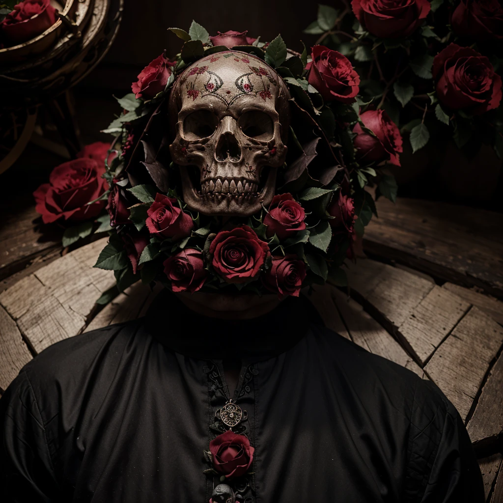 a skull with roses and leaves on its head, skull made of red roses, fantasy skull, highly detailed dark art, sacred skull, 8 k altamente detalhado, Death skull, 8k detailed art of high quality, Dark digital art, but detailed, adorned with demonic skulls, 4 k highly detailed art, high detailed digital art, gothic art