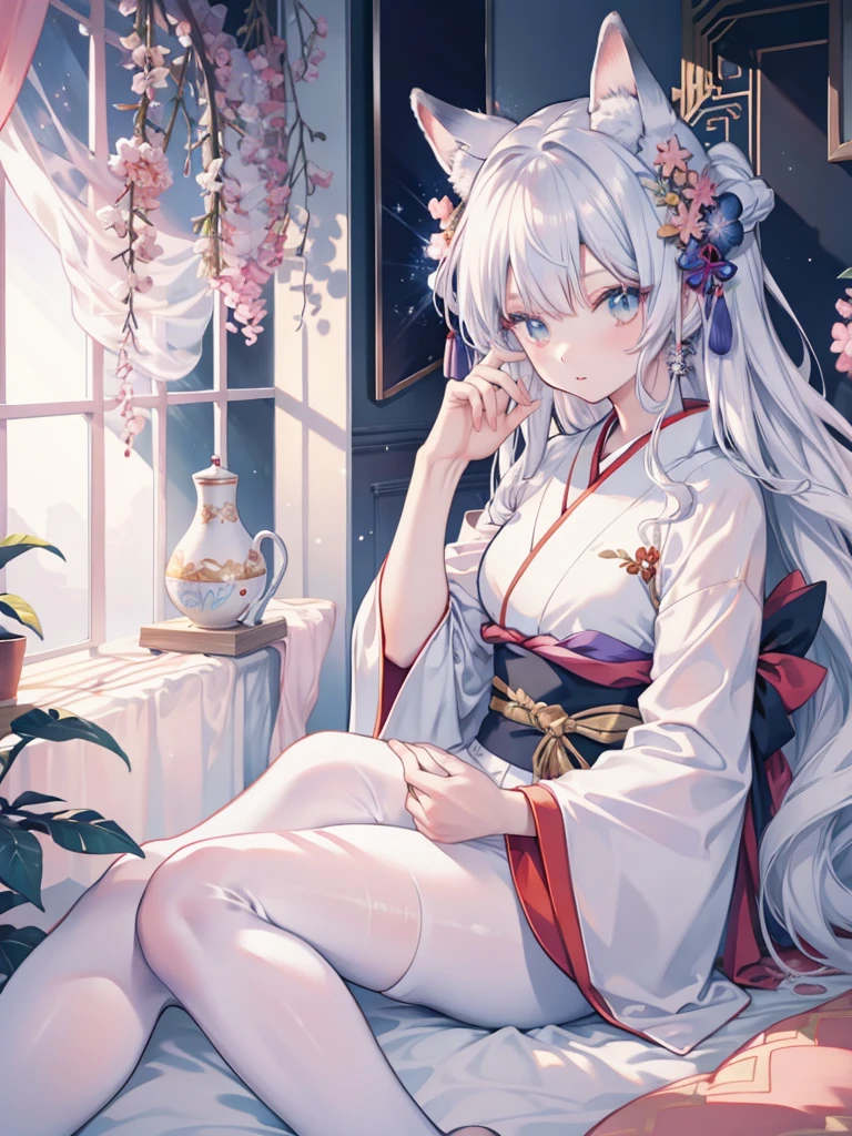 Anime role play, Anime girl role play, Anime style mixed with Fuji film, role play, a beautiful fox woman, white girl, silver hair girl, real life anime girls, kimono foxear white