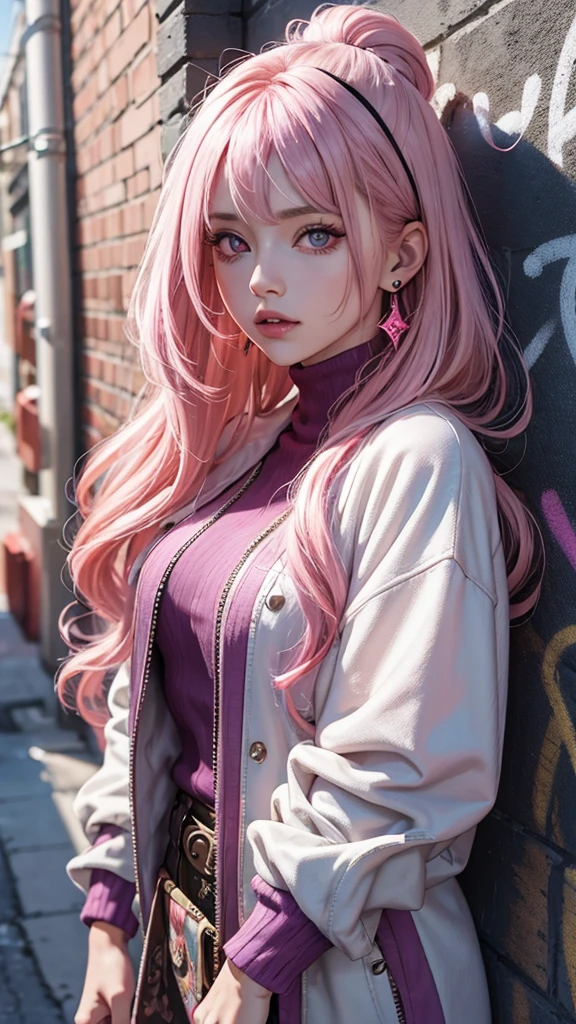1girl,solo,intricate details,chromatic aberration,realistic,long hair,pink hair,red head ornament,pink highlights,hair over one eye,purple eyes,earrings,sharp eyes,choker,neon shirt,torn legwear,open jacket,turtleneck sweater,night,against wall,brick wall,graffiti,dim lighting,alley,looking at viewer,