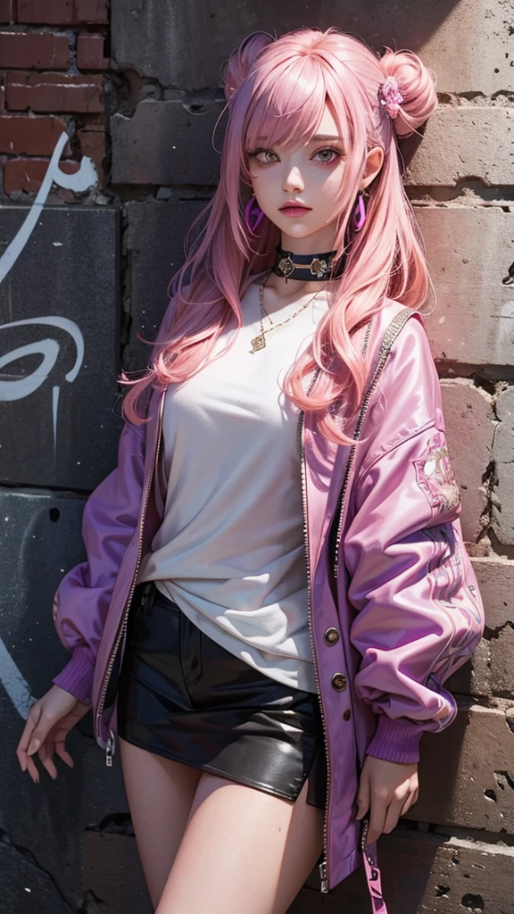 1girl,solo,intricate details,chromatic aberration,realistic,long hair,pink hair,red head ornament,pink highlights,hair over one eye,purple eyes,earrings,sharp eyes,choker,neon shirt,torn legwear,open jacket,turtleneck sweater,night,against wall,brick wall,graffiti,dim lighting,alley,looking at viewer,