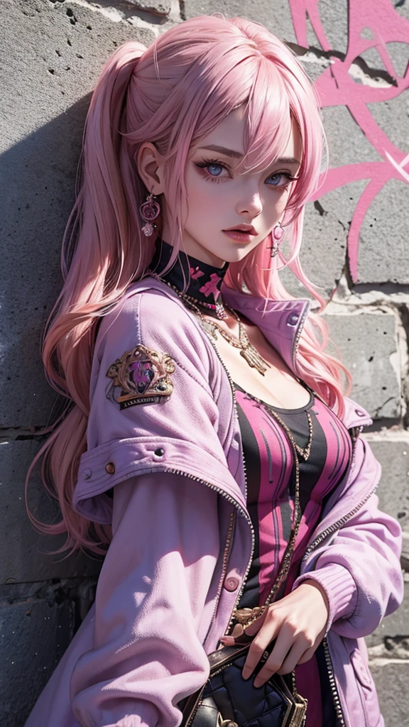 1girl,solo,intricate details,chromatic aberration,realistic,long hair,pink hair,red head ornament,pink highlights,hair over one eye,purple eyes,earrings,sharp eyes,choker,neon shirt,torn legwear,open jacket,turtleneck sweater,night,against wall,brick wall,graffiti,dim lighting,alley,looking at viewer,