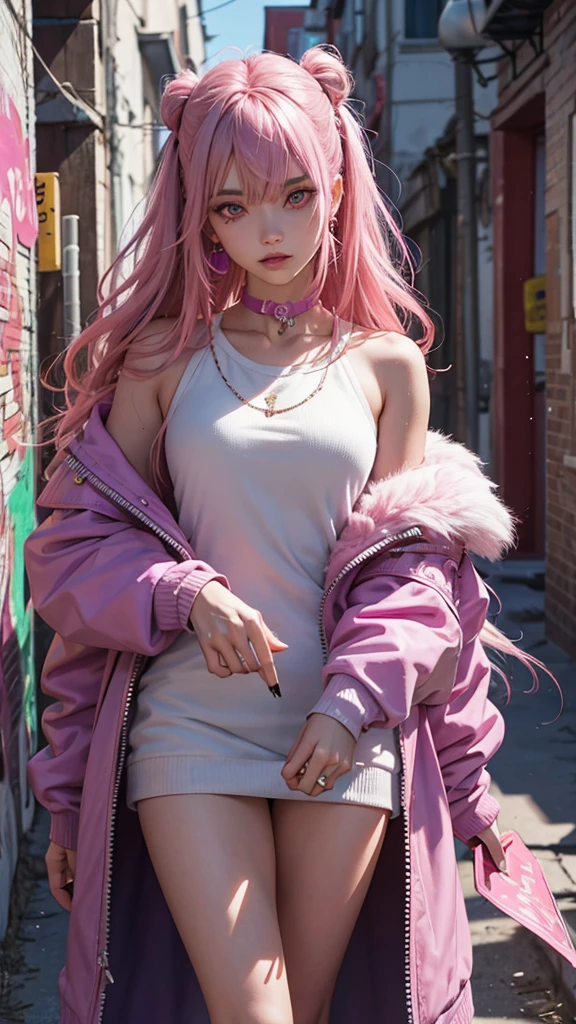 1girl,solo,intricate details,chromatic aberration,realistic,long hair,pink hair,red head ornament,pink highlights,hair over one eye,purple eyes,earrings,sharp eyes,choker,neon shirt,torn legwear,open jacket,turtleneck sweater,night,against wall,brick wall,graffiti,dim lighting,alley,looking at viewer,
