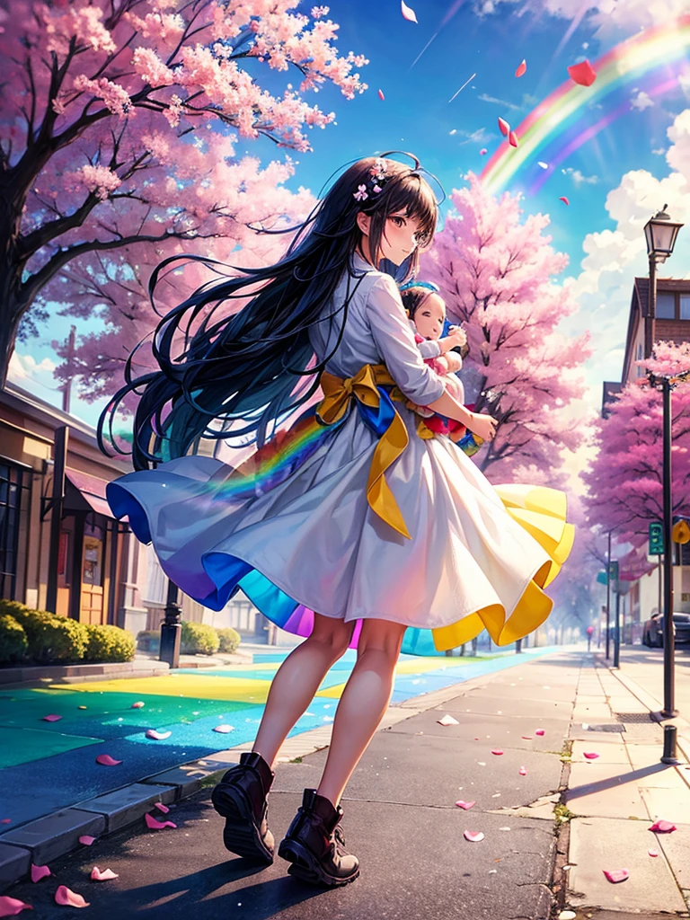 Highest quality,Highest Resolution,A woman walking down a sidewalk with falling flower petals, holding a baby,Rainbow in the background sky,
