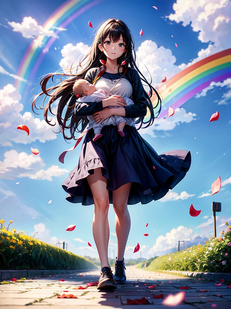 Highest quality,Highest Resolution,A woman walking down a sidewalk with falling flower petals, holding a baby,Rainbow in the background sky,