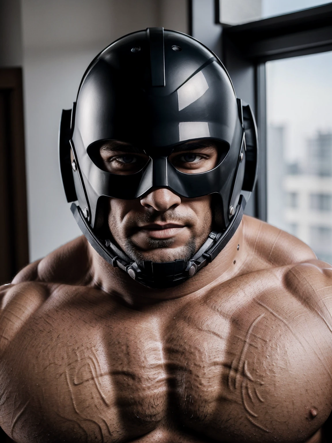 1Muscular man wearing a full face helmet,2-hole helmet,black helmet,Masked,Adult male,beefcake,Bodybuilding,Huge pectoral muscles,Thick arms,Broad shoulders,Round buttocks,naked upper body,Wear sex tongs,Brown Thong,Mature,robust,Burly,tall and straight,luscious,Sexy,Masculinity,Big,big man,Heavy,Strong,apartment,The sun shines in from the window behind