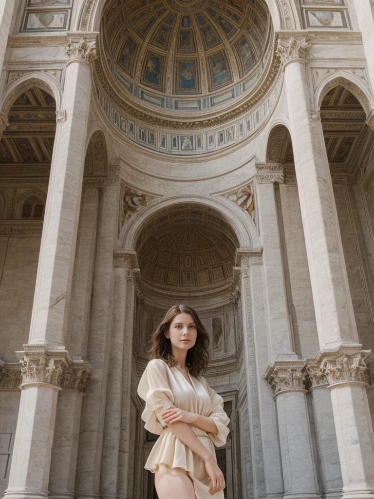 her name is Elle, high quality, 1girl, ((20-year-old fit Caucasian woman)), ((20 years old)), ((fit)), ((pale skin)), short length straight dark hair , wearingRuched Front Satin Blouse + High-Waisted Asymmetrical Skirt, pose: standing, background: Highlight the architectural wonder of the Duomo in Florence, with its intricate marble facade, towering dome designed by Brunelleschi, and stunning Renaissance artworks inside.