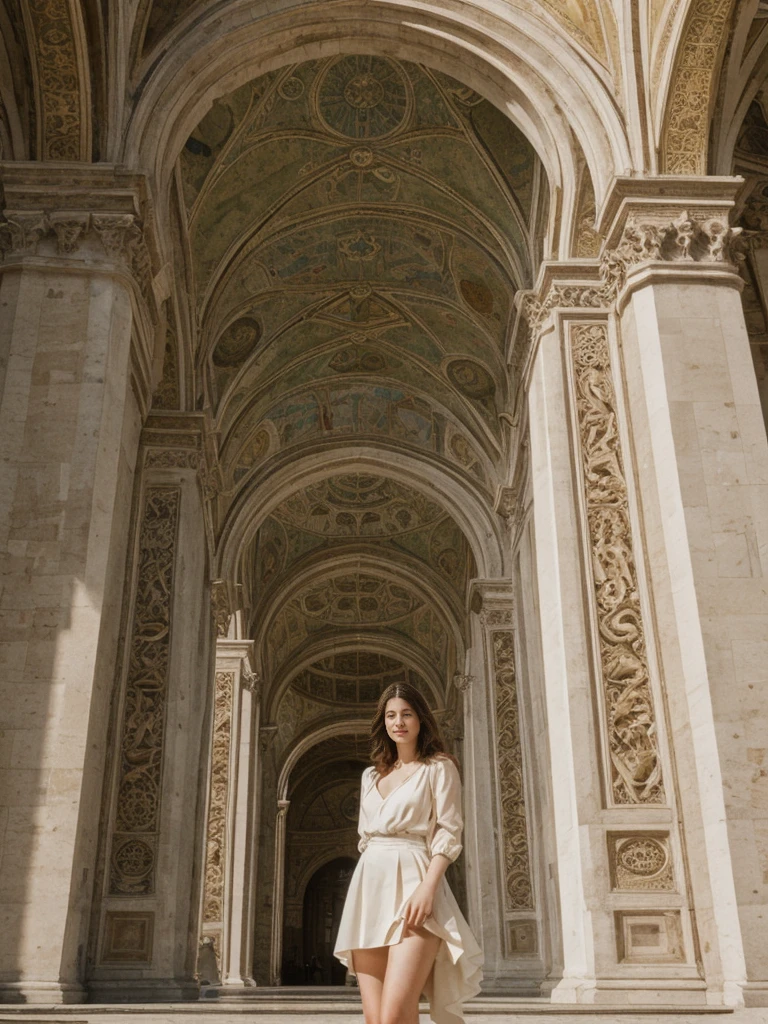 her name is Elle, high quality, 1girl, ((20-year-old fit Caucasian woman)), ((20 years old)), ((fit)), ((pale skin)), short length straight dark hair , wearingRuched Front Satin Blouse + High-Waisted Asymmetrical Skirt, pose: standing, background: Highlight the architectural wonder of the Duomo in Florence, with its intricate marble facade, towering dome designed by Brunelleschi, and stunning Renaissance artworks inside.
