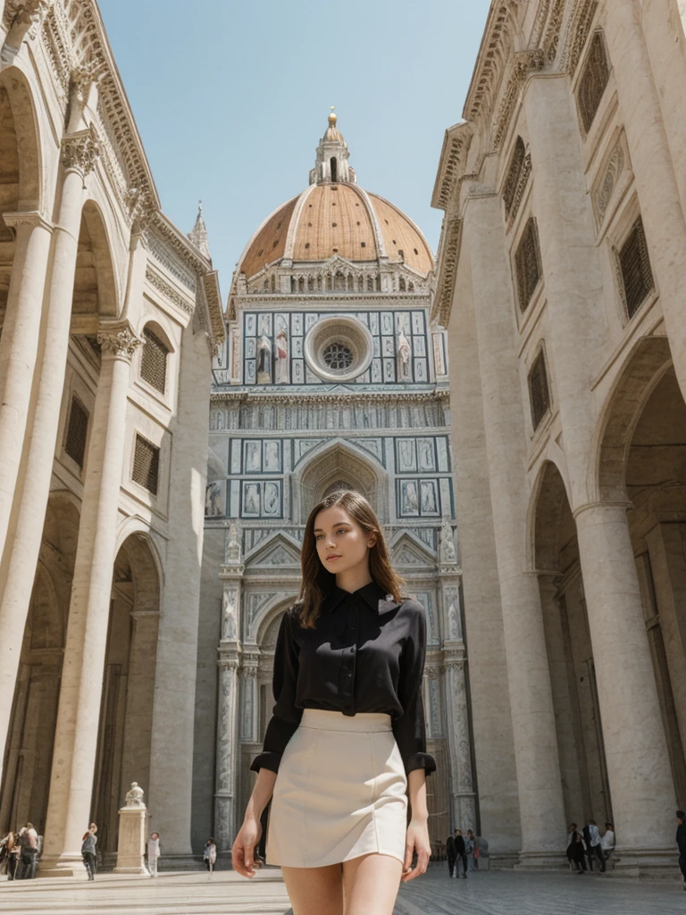 her name is Elle, high quality, 1girl, ((20-year-old fit Caucasian woman)), ((20 years old)), ((fit)), ((pale skin)), short length straight dark hair , wearingRuched Front Satin Blouse + High-Waisted Asymmetrical Skirt, pose: standing, background: Highlight the architectural wonder of the Duomo in Florence, with its intricate marble facade, towering dome designed by Brunelleschi, and stunning Renaissance artworks inside.