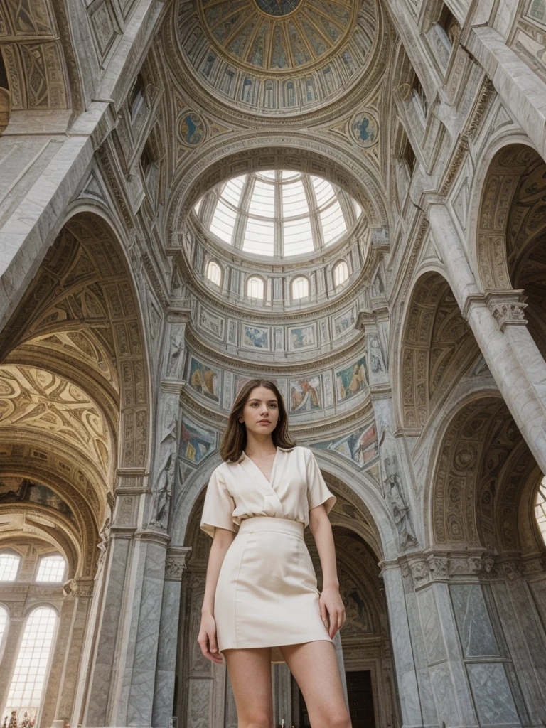her name is Elle, high quality, 1girl, ((20-year-old fit Caucasian woman)), ((20 years old)), ((fit)), ((pale skin)), short length straight dark hair , wearingRuched Front Satin Blouse + High-Waisted Asymmetrical Skirt, pose: standing, background: Highlight the architectural wonder of the Duomo in Florence, with its intricate marble facade, towering dome designed by Brunelleschi, and stunning Renaissance artworks inside.