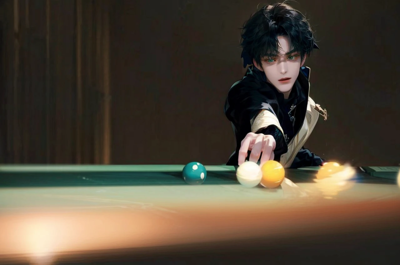 ((ZAYNE LOVE & DEEP SPACE ON)),((realistic, photorealistic)),(highlight hair)), Light reflection, (( HD )),((upper body)), (((best quality, masterpiece))), (masterpiece) (best quality) (detail) (8k) (HDR) (wallpaper) (cinematic lighting) (sharp focuasterpiece, best quality: 1.1), Real life adaption of this character, Handsome man , Shining green eyes, realistic outfit, realistic shadow, realistic light, realism, hyper realistic,realistic hair, realistic background,(photorealistic:1.2), 1man, Billiard room background, billiard balls, black hair,