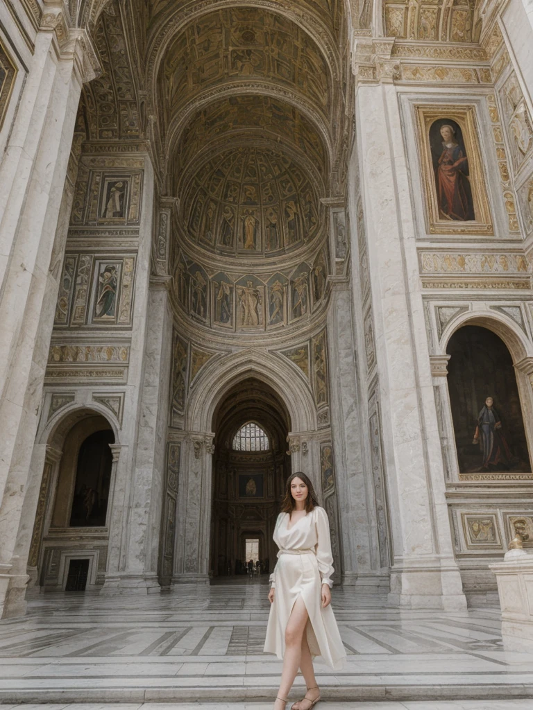 her name is Elle, high quality, 1girl, ((20-year-old fit Caucasian woman)), ((20 years old)), ((fit)), ((pale skin)), short length straight dark hair , wearingRuched Front Satin Blouse + High-Waisted Asymmetrical Skirt, pose: standing, background: Highlight the architectural wonder of the Duomo in Florence, with its intricate marble facade, towering dome designed by Brunelleschi, and stunning Renaissance artworks inside.