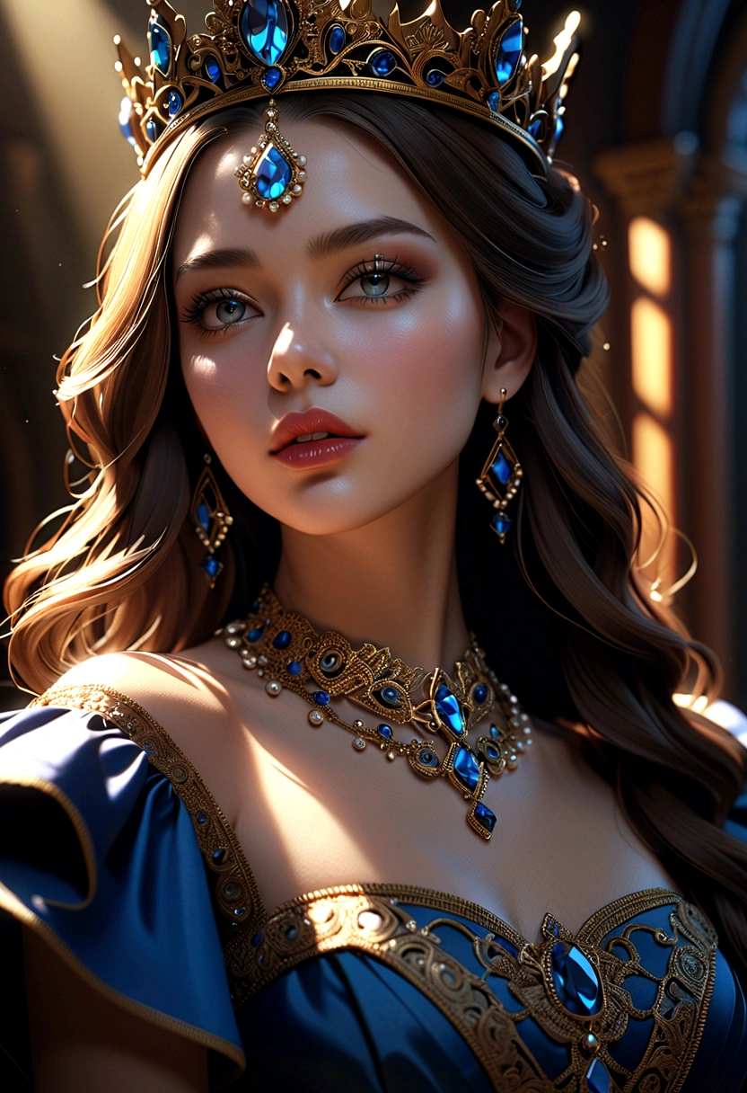 high quality portrait,intricate detailed face,beautiful detailed eyes,beautiful detailed lips,extremely detailed facial features,1girl,tiara,crown,regal,elegant dress,jeweled dress,jeweled crown,detailed jewelry,porcelain skin,flawless skin,glowing skin,dramatic lighting,dramatic shadows,chiaroscuro lighting,cinematic,photorealistic,seamless,unreal engine,epic scale,cinematic composition,dramatic pose,regal expression,confident expression,surreal,hyperrealistic,8k