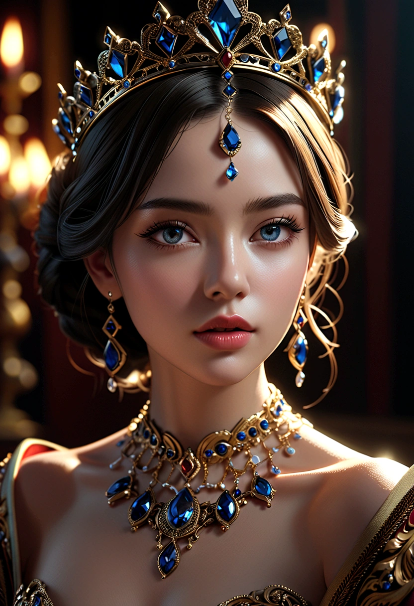 high quality portrait,intricate detailed face,beautiful detailed eyes,beautiful detailed lips,extremely detailed facial features,1girl,tiara,crown,regal,elegant dress,jeweled dress,jeweled crown,detailed jewelry,porcelain skin,flawless skin,glowing skin,dramatic lighting,dramatic shadows,chiaroscuro lighting,cinematic,photorealistic,seamless,unreal engine,epic scale,cinematic composition,dramatic pose,regal expression,confident expression,surreal,hyperrealistic,8k