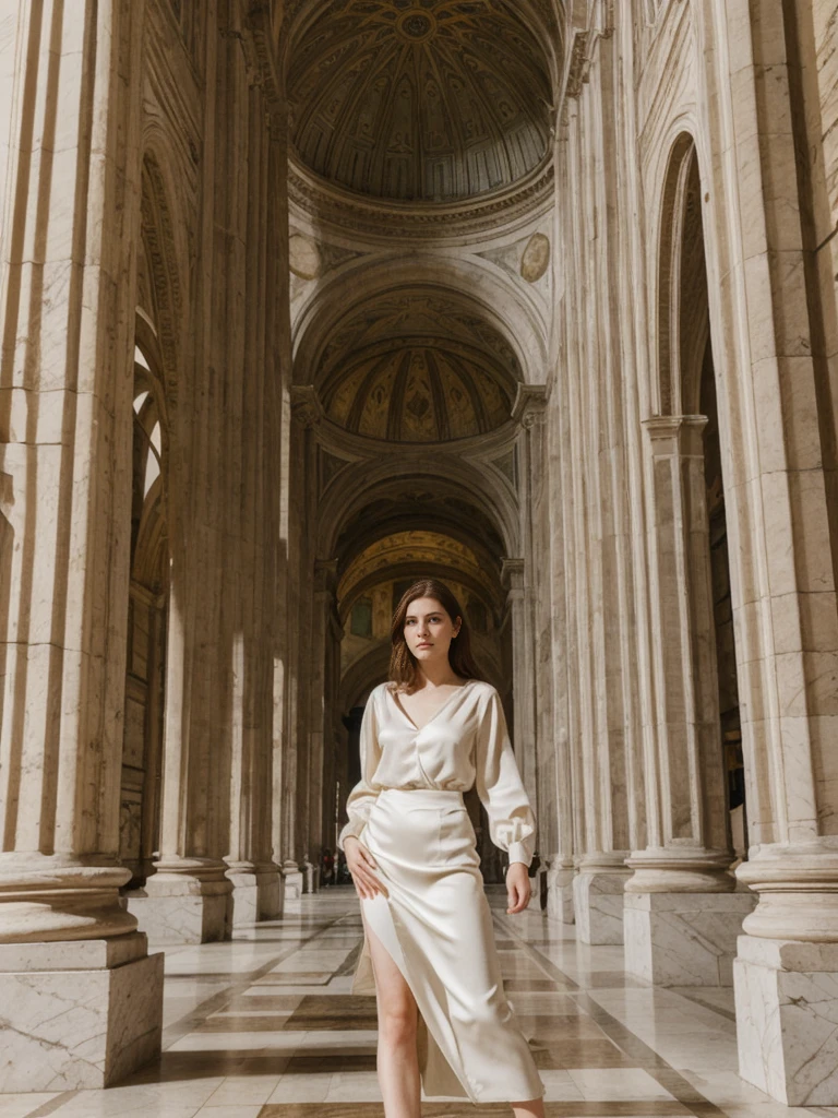 her name is Elle, high quality, 1girl, ((20-year-old fit Caucasian woman)), ((20 years old)), ((fit)), ((pale skin)), short length straight dark hair , wearingRuched Front Satin Blouse + High-Waisted Asymmetrical Skirt, pose: standing, background: Highlight the architectural wonder of the Duomo in Florence, with its intricate marble facade, towering dome designed by Brunelleschi, and stunning Renaissance artworks inside.