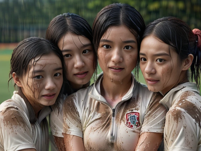 (A plain white short sleeved dirt stained field uniform with a very tight zip:1.7)、(A large, dirt-stained, white, square collar: 1.6)、(Red clay ground:1.5)、My hair is wet and messy、(Beautiful Japanese woman covered in dirt:1.5)、Highest quality, masterpiece, Ultra-high resolution, Photorealistic, Raw Photos,Detailed face,(Muscular woman:1.4), (Fastener open: 1.8), (Upper body zoom up:1.0),(Everyone wears the same clothes:1.0), All members are super beauties, (Group photo of beautiful Japanese women huddled together: 1.7), (Hair tied up: 1.4), (Gxpression:2.1), Bright photo, (My whole body is drenched in rain: 1.6), (Covered in mud and earth: 1.2)