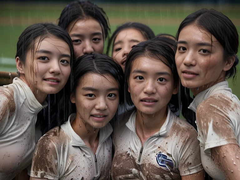 (A plain white short sleeved dirt stained field hockey uniform with a very tight white half zip:1.7)、(A large, dirt-stained, white, square collar: 1.6)、(Red clay ground:1.5)、My hair is wet and messy、(Beautiful Japanese woman covered in dirt:1.5)、Highest quality, masterpiece, Ultra-high resolution, Photorealistic, Raw Photos,Detailed face,(Muscular woman:1.4), (Fastener open: 1.8), (Upper body zoom up:1.0),(Everyone wears the same clothes:1.0), All members are super beauties, (Group photo of beautiful Japanese women huddled together: 1.7), (Hair tied up: 1.4), (Gentle expression:2.1), Bright photo, (My whole body is drenched in rain: 1.6), (Covered in mud and earth: 1.2)