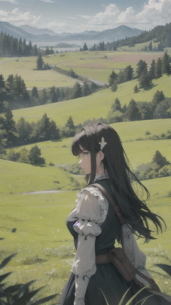 In a green meadow stands a girl leading a group of knights.
BREAK
With a brave expression, she guides them towards their destination.
BREAK
Behind her, a green forest stretches out and beyond that, mountains rise in the distance.
BREAK
The most suitable effect for this scene would be a watercolor painting technique to capture the softness of the meadow and the fluidity of the movement.