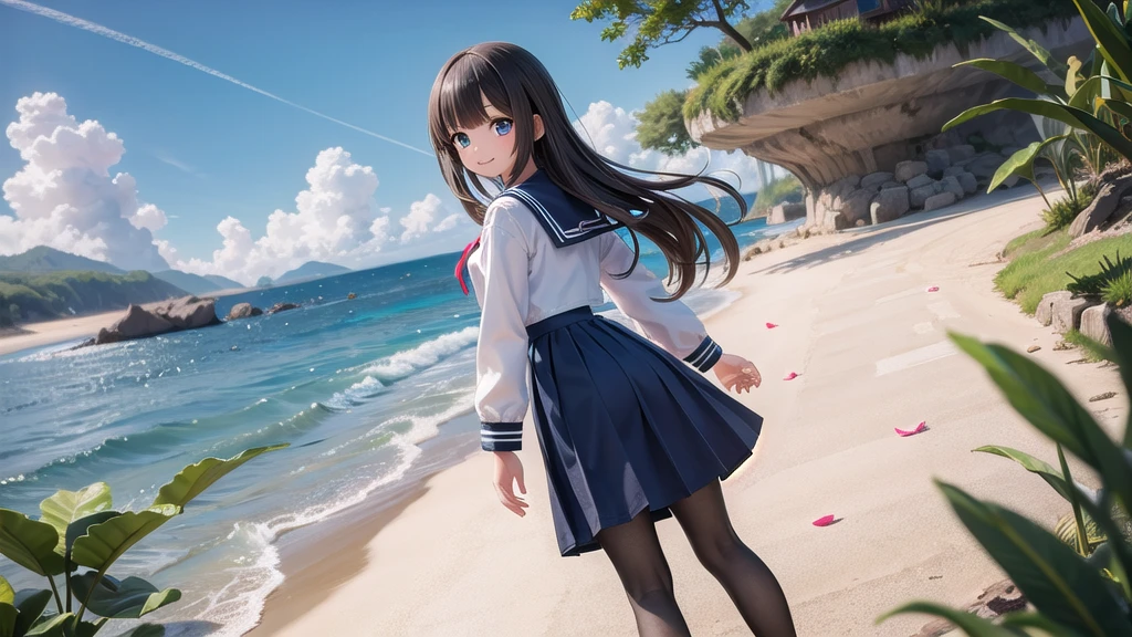 (masterpiece), town, blue sky, One Girl, Place the person on the right, smile, alone, Sailor suit、Long skirt, Overgrown, petal, plant、Skirt lining、White slip、nostalgic、Black Pantyhose、I can see the ocean in the distance, Crotch close-up