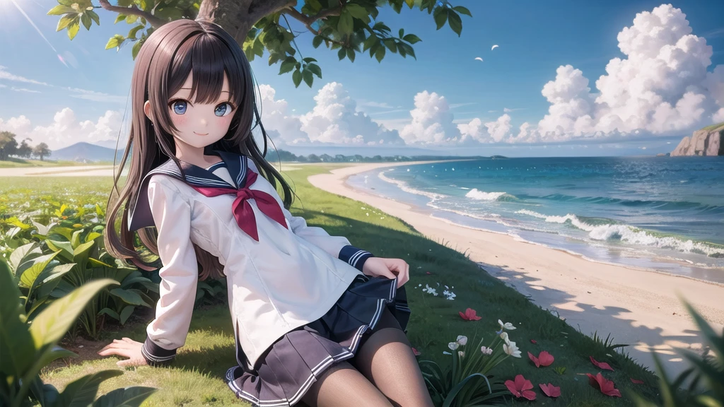 (masterpiece),  town,  blue sky,  One Girl, Place the person on the right,  smile,  alone,  Sailor suit、Long skirt,  Overgrown,  petal,  plant、Skirt lining、White slip、nostalgic、Black Pantyhose、I can see the ocean in the distance, Crotch close-up