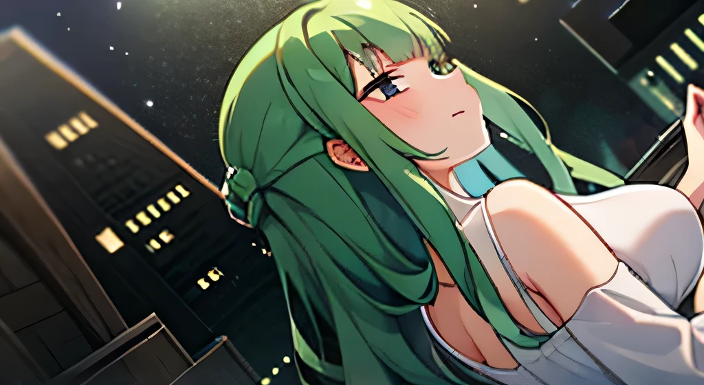 One girl,Green Hair,company,night