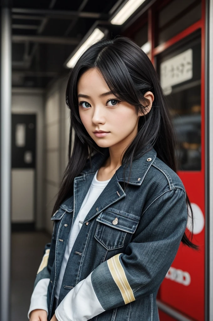 Portrait en style anime d'une femme de 25 ans inspirée par Tokyo Revengers. Elle a des cheveux bruns mi-longs légèrement ondulés, des yeux bleu-gris captivants, et un visage fin avec des traits délicats. Son style de dessin inclut des lignes dynamiques et des ombrages distincts, typiques de l'animation Tokyo Revengers. Elle porte une tenue décontractée inspirée de l'anime, peut-être une veste tendance ou un uniforme stylisé, et se tient dans un environnement.