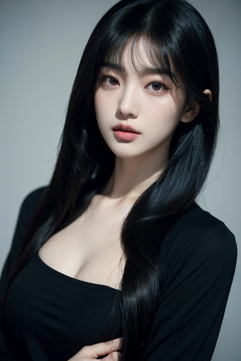 A man in a black shirt、Close-up of lady with long black hair, Ulzan, Korean Girl, She has black hair，With bangs, 2 4-year-old female model, Beautiful young Korean woman, Photos of slim girls, Beautiful Korean woman, Jisoo from Blackpink, cruel korean goth girl, Long hair, black hime cut hair, Instagram Models